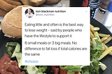 A statement about meal sizes on a picture background of burger and chips