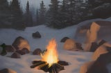 A campfire in a snowy forest on a dark morning.