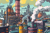 A colourful cartoon of an industrial landscape. Factories with chimneys belching smoke, strething to the horizon.