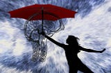 A woman holds up a red umbrella to shelter her mind from external, opposing forces that want to break her down.