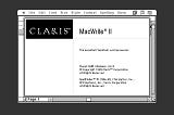 Screenshot showing the credit screen for MacWrite II, an early word processing program from Claris, written for the Macintosh.