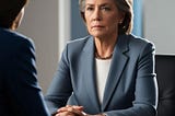 Two women sitting across a desk, one of them very serious