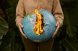 A female form holds a flaming globe, the world is on fire