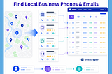 SaaS-style illustration of Google Maps business listings turning into a structured lead spreadsheet with phone, email, website, and rating icons.