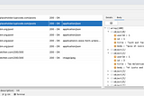 Screenshot of niddler plugin window showing requests and responses in timeline view with response details showing json