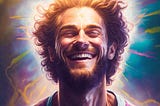 Face shot of a handsome young bearded man radiating multi-color energy and glow from his forehead