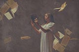 A composite photo of a young woman reading a book while loose book pages fly through the air.