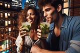 Alex and Maya are drinking cuban mojito mint cocktails on their balcony overlooking the city lights