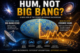 A cinematic science-themed poster titled “Hum, Not Big Bang?” comparing two interpretations of the Cosmic Microwave Background. The left side shows a blue-toned “Big Bang Echo” concept with a radio telescope and microwave sky map, while the right side presents a golden “Cosmic Hum” interpretation featuring glowing oscillation waves, galaxies, and active medium graphics. The design uses dramatic cosmic imagery and bold typography to create curiosity about the origins of the universe.