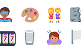 Emoticons de herói, paleta de tintas, 2 mulheres, escalada na primeira linha e caçaníquel, copo meio vazio, mulher aflita e bandeira branca na segunda linha.