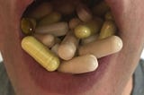 My wide-open mouth stuffed with a bunch of different supplements.