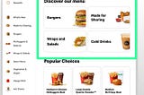 McDonald’s app menu screen showing various food categories under the section titled “Discover our menu,” which includes options for Burgers, Made for Sharing, Wraps and Salads, and Cold Drinks. Each category is represented with an image of the corresponding food item. The top banner encourages users to enter their app code to earn rewards, and below the menu, there’s a “Popular Choices” section displaying meal deals like Medium 6 Chicken McNuggets Meal, Large Double Quarter Pounder™, and Medium