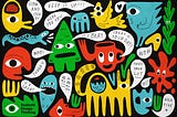 A tableau of illustrated abstract characters express statements of encouragement, such as “Keep It Up!!!” and “Here For You”