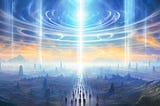 A serene landscape depicting the moment of artificial general intelligence (AGI) transcendence with digital enlightenment rays spreading across the horizon