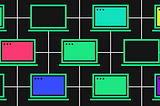 Multicolored, interconnected, computer displays.