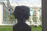 The 18th century bust of Two-faced Janus (Ianus Bifrons) in silhouette at the Cameron’s Gallery in Tsarskoye Selo.