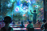 A futuristic classroom with students wearing VR headsets, interacting with holographic images of the Earth and celestial bodies. The room blends digital and physical elements, featuring a natural landscape visible through large windows and digital devices like tablets.
