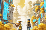 A boy and a girl, looking at each other while facing a futuristic city.