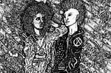 A pen and ink illustration of two punks standing against a brick wall. They are both young men: one is Black with natural hair wearing a chain necklace, large pearls with an attached picture frame, crop top, and loose shirt with painted designs; the other is white with hair in a large mohawk and wearing a black leather jacket with studs and an Anarchy symbol. There is a lot of graffiti on the wall mostly with political anti-government slogans.