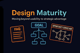 A dark-themed slide titled “Design Maturity: Moving beyond usability to strategic advantage.” Below the title are three neon-style icons: a document labelled “FAQ” in orange, a central flowchart with the word “GOAL” in blue, and an “Opportunity Service Map” diagram in orange showing connected nodes.