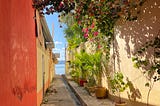 A photo of an alleyway with plants in Flores, and the lake in the distance.