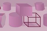 An abstract image of hollow and solid three dimensional shapes rendered in pink