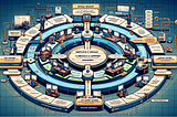 Illustrative diagram of an IT support process. The image depicts a detailed and stylized flowchart, laid out in concentric circles and connecting pathways, resembling a complex circuit board. Each circle represents a different level of IT support, starting with ‘Initial Request’ at the center and expanding outwards to ‘Text Support’, ‘Employee IT Depart’, and ‘IT Service IT Support’. The outermost circles include ‘Technical Support’.