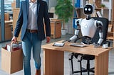 A man walking out of an office with a box of belongings being replaced by a robot at his desk