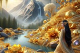 A mountain of gold and precious gems surrounded by a peaceful stream with flowers of gold and pearls, watched by a beautiful woman with long black hair dressed in a silk saree.