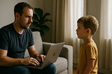 a dad working on his laptop, ignoring his young son