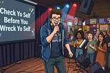 A cartoon illustration of a joyful man singing karaoke on a stage in front of a crowd of people, with the screen displaying “Check Yo Self Before You Wreck Yo Self.”