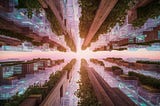 A futuristic city skyline where the buildings are constructed from living wood and transparent leaves