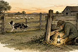 A sheepdog confidently patrols a farm fence while, nearby, the farmer quietly inspects one overlooked corner with a lantern—an illustration of trusted routines backed by occasional careful verification.