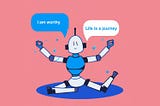 Robot doing yoga with chat bubbles featuring positive daily affirmations