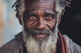 Homeless man up-close with a soft gaze