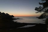 A fairly dark image of rocks on a beach, the sea and a tree silhouetted against the sky as the sun is just rising across the horizon in a pale orange band.