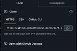 Screenshot of the Clone menu in github with the URL for the zarf repository.