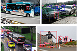 Quatre photographies : un bus, un parking, une autoroute avec des voitures, plusieurs personnes en train de faire du skateboard. Dans chaque image, chaque objet (voiture, personne, bus) est entouré d’un cadre de couleur et comporte une étiquette qui définit l’objet.