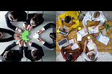 An image showing collaboration and cooperation side by side. The cooperation image shows people working on a puzzle, while collaboration image shows people brainstorming together.