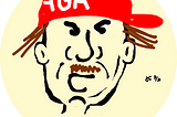 Face of red baseball hat wearing man declaring “Hello Arkansas!” Illustration by Jeff Stilwell.