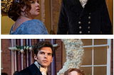 Images from the Netflix Series Bridgerton featuring characters Penelope Featherington, Colin Bridgerton and Lord Dabling. Dressed in their best regency romance ball attire.