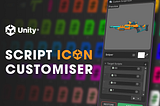 A thumbnail with Unity logo at the top, below it “Script Icon Customiser”, the name of the tool and on the right, a screenshot of the actual tool as visible in the Unity Editor.