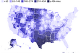 A choropleth map showing the distance to the nearest abortion clinic from every county in the United States. States where residents have the travel the farthest include Texas, Louisiana, Alabama, Arkansas, North Dakota, South Dakota, Montana and Kansas. States on both the east and west coasts have the best access.