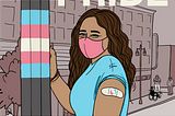 A person with long brown hair, mask, and bandage stands in the Trans District next to a pole striped in the trans pride flag colors of blue, pink, and white. Text above reads “Show Your Pride”, text below reads “Get vaccinated” and “For more info visit sf.gov/getvaccinated” alongside the logos of the Office of Transgender Initiatives and the San Francisco City Seal.