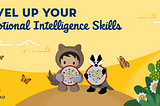 Trailhead characters, Astro and Earnie, holding Emotional Intelligence Trailhead badges while standing on a hilltop surrounded by plants and butterflies against a sunshine yellow background.