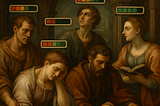 A Renaissance-style scene of five figures in quiet study, each with a visible mental progress bar above their head — some nearly full, others drained — capturing the invisible weight of cognitive load in modern software.