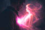 Artwork showing an angelic soft-pink light of a woman’s sillhouette emerging from the heart of a man in darkness