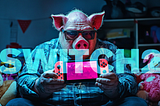 a mocking AI generated image of a pig holding a nintendo switch