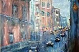 A painting of a rainy day in a busy New York alley, car reflections and tall buildings