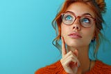 imagine a woman thinking looking up with one finger pointing at her head, wearing eye glasses and accessories with contrasting vivid colors. A studio shot, contrasting colors, single vivid color flat background color